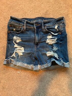 American Eagle Outfitters Distressed Dark Blue Denim High V-Rise Shortie Shorts